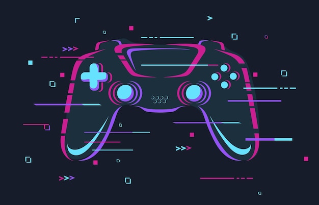 Glitch gamepad Futuristic glitchy joystick cyber game zone logo gaming tournament poster casual gamer controller light neon effect esport action games neat vector illustration