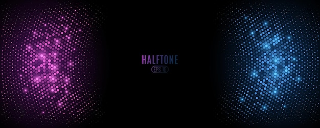 glittering purple and blue halftone banner abstract background for your design glowing dots light effect party cover stylish modern frame vector graphic