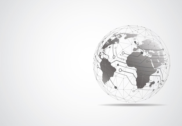 Global ağ bağlantısı. Küresel işletme kavramı için dünya haritası nokta ve çizgi kompozisyonu. Vektör İllüstrasyon