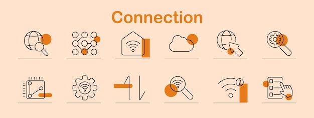 Global connection set icon Globe network house cloud magnifying glass analysis technology data internet search web communication remote access digital global