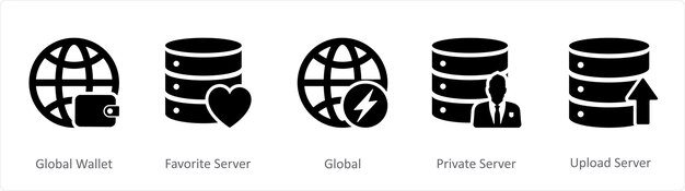 Global cüzdan favori sunucu şeklinde 5 adet İnternet simgesi seti