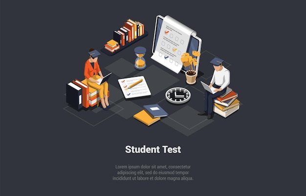 Global Education And Online Test For Admission To University Concept Characters Students Passed Exam Boy And Girl Filling Out Answers to Exam Test Online Isometric 3d Cartoon Vector Illustration