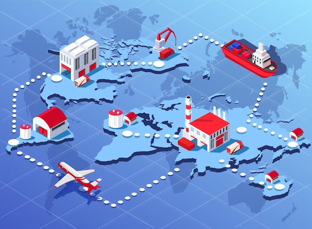 Global logistics network Concept of international cargo transportation Air sea maritime road freight transport freight shipping warehouse storage export import Isometric vector illustration