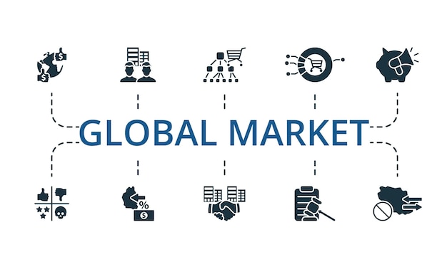 Global market icon set monochrome simple global market icon