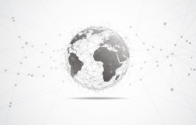 Global netværksforbindelse. Verdenskort med punkt- og linjekomposition