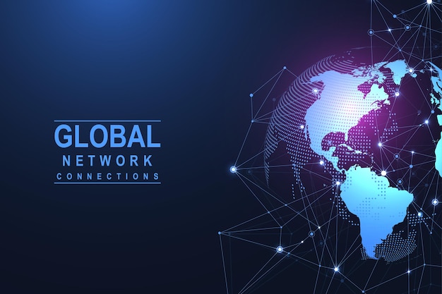Global network connection concept. Big data visualization. Social network communication in the global computer networks. Internet technology. Business. Science. Vector illustration.