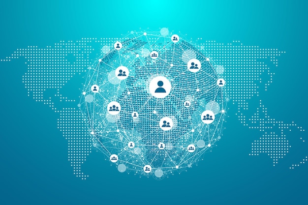 Global network connection concept. Big data visualization. Social network communication in the global computer networks. Internet technology. Business. Science. Vector illustration