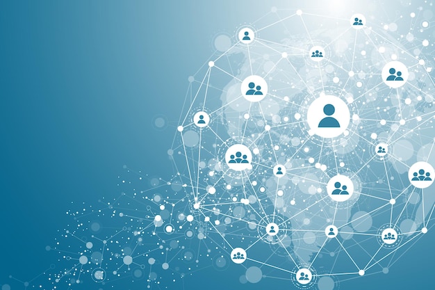 Global network connection concept. Big data visualization. Social network communication in the global computer networks. Internet technology. Business. Science. Vector illustration