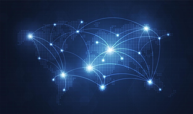 global network technology background with world map or social media communication internet network