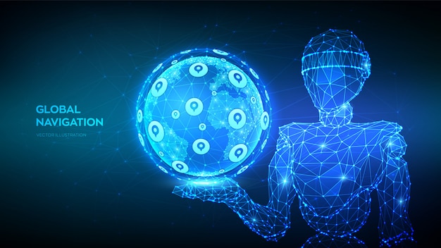 Global Positioning System. GPS location services. Abstract 3d low polygonal robot holding Earth globe. Navigate mapping technology.