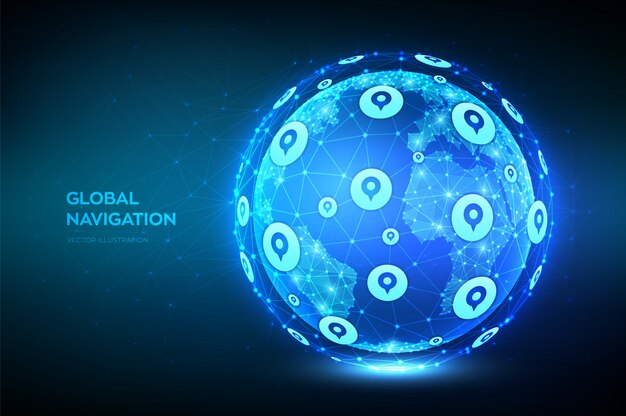 Global Positioning System. Navigation concept. Gps tracking map. Abstract low polygonal planet Earth globe.