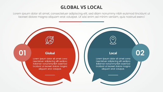 global vs local versus comparison opposite infographic concept for slide presentation with big circle outline callout comment box with flat style