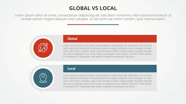 global vs local versus comparison opposite infographic concept for slide presentation with big rectangle table box with round circle edge with flat style
