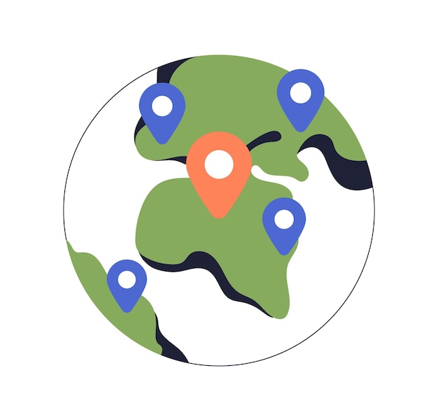 Globe with pin points Location pointers on Earth planet Global orb marked with destination markers places Navigation GPS positioning concept Flat vector illustration isolated on white background