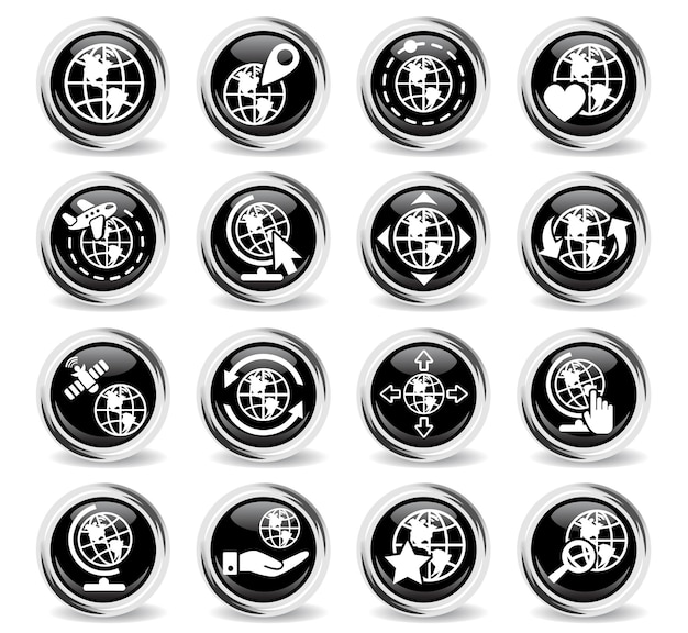Globes icons on round black buttons with metal ring