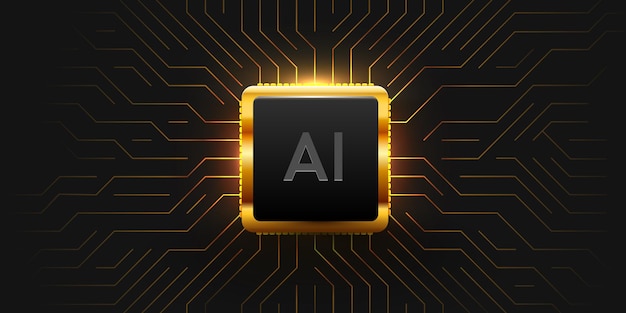 Glowing ai golden chip on circuit board technology background cpu processor on tech bg computer