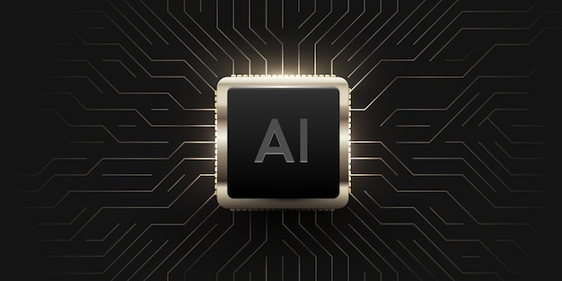 Glowing ai metal chip on circuit board technology background cpu processor on tech bg computer