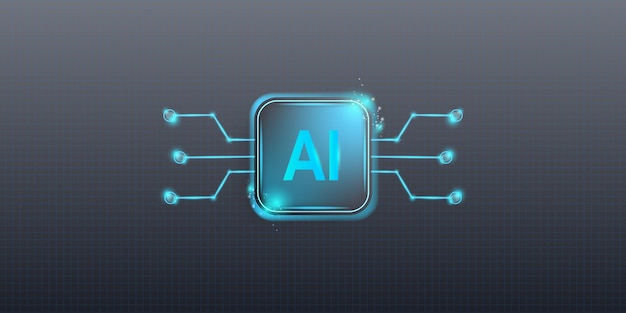 glowing light blue neon ai chip with thin circuit contact lines ai chip on technology background