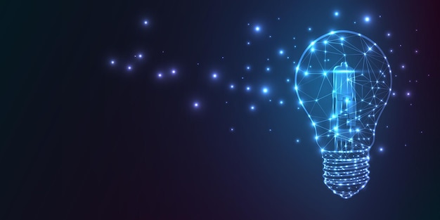 Glowing light bulb isolated on dark blue Creative idea patent digital solution future technology