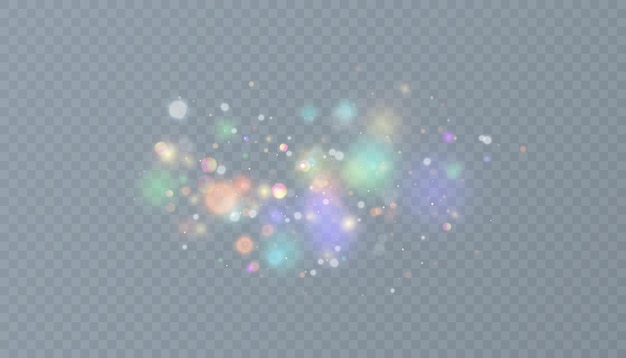 Glowing light effect with many bright glitter particles and bokeh isolated on transparent background