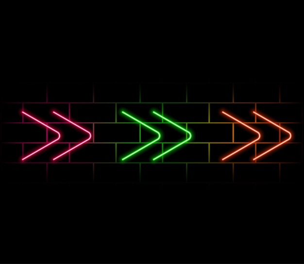 Glowing neon arrow pointer at dark set realistic vector illustration Collection colorful retro