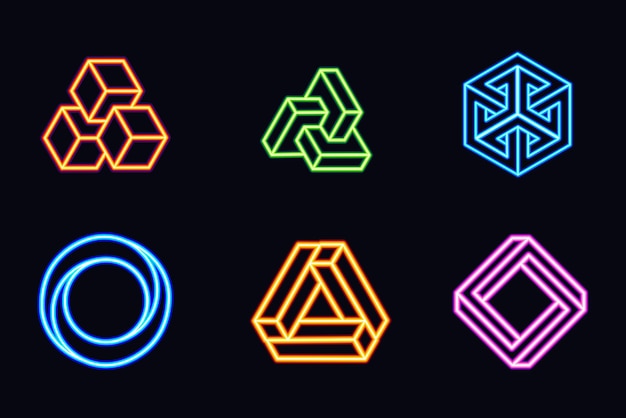 Glowing Neon Impossible Geometric Shapes Optical Illusion Glowing Geometric Neon Symbols Set