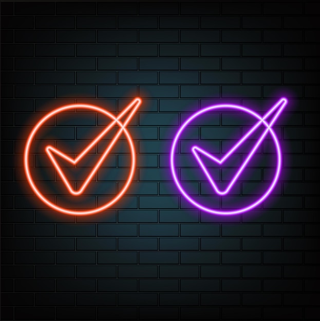 Glowing neon light Check mark icon and tick mark icon Selected or correct symbol