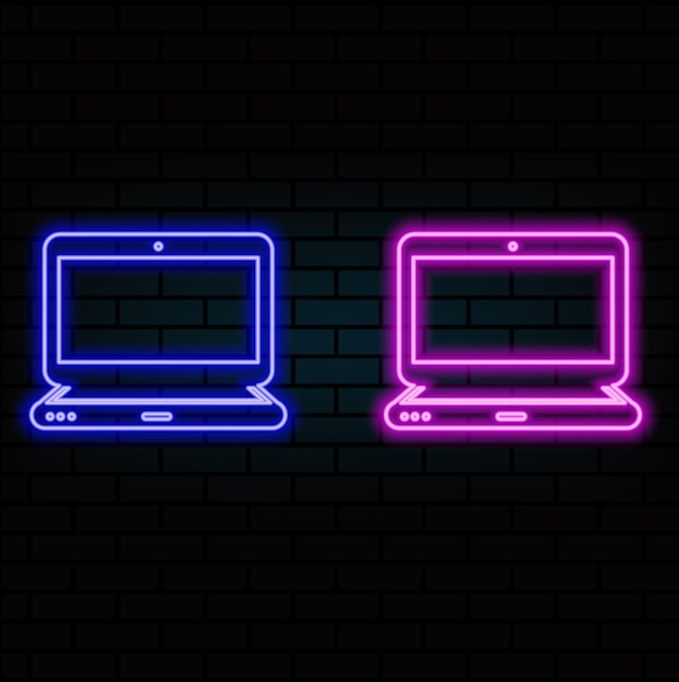 Glowing neon line Laptop icon isolated on brick wall background Computer notebook with empty screen sign Colorful outline concept Vector5