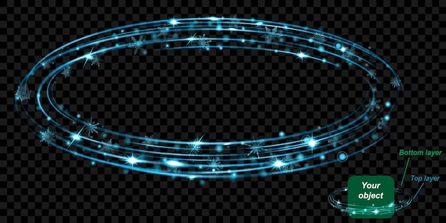 Glowing ring with glitter and snowflakes consist of two layers: top and bottom. In light blue colors on transparent background. Easy to use with your object. Transparency only in vector format