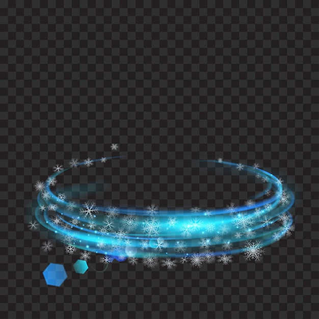 Glowing rings with glitter and snowflakes in light blue colors on transparent background. Light effects. For used on dark backgrounds. Transparency only in vector format
