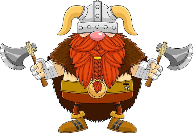 Gnome Viking Warrior Cartoon Character Holds Two Axes. Vector Hand Drawn Illustration