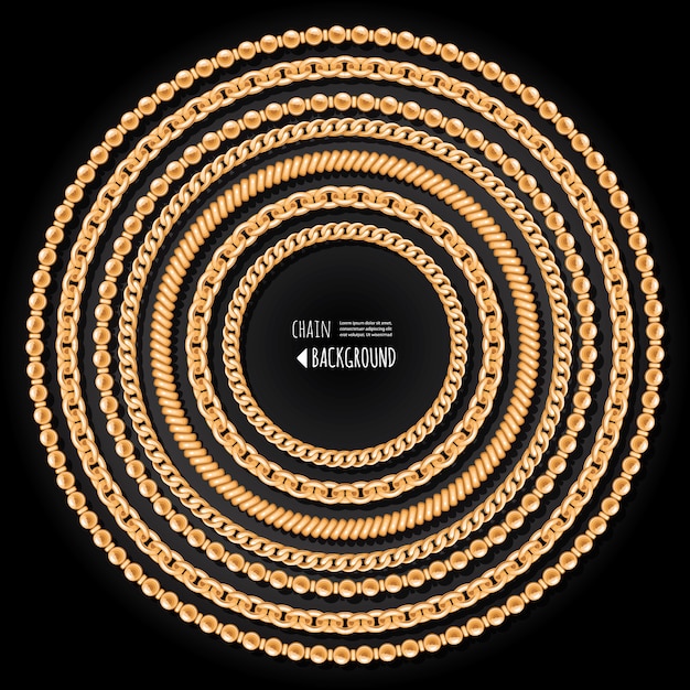 Gold chains round frame template on black background