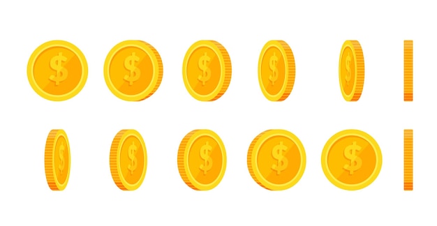 Gold coin animationrotation icons in different angles money turn around games and apps