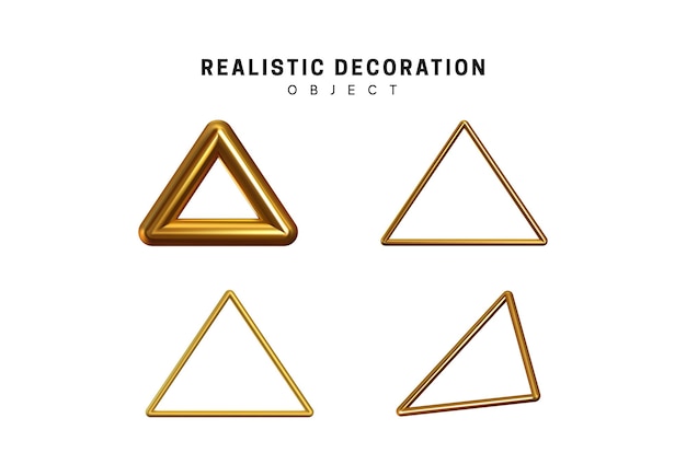 gold geometric shapes. golden decorative design element isolated white background. bronze metallic silhouettes. 3d object shaped yellow triangles of different thickness. realistic vector illustration.