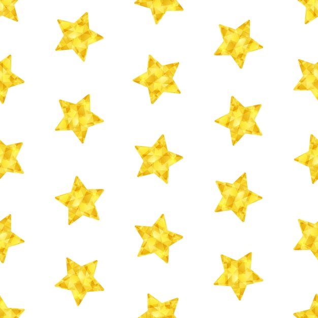 Gold low poly stars on white background Vector seamless pattern Wrapping paper festive decoration