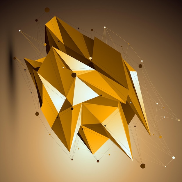 Gold spatial technological shape, polygonal wireframe object placed over yellow background.