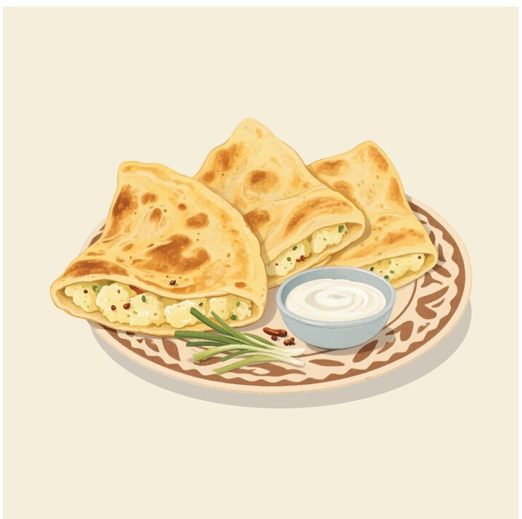 Vektör golden afghan bolani with scallion filling and yogurt sauce a food illustration 02
