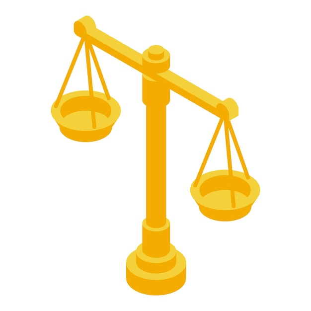 Golden balance scale standing on white background representing justice