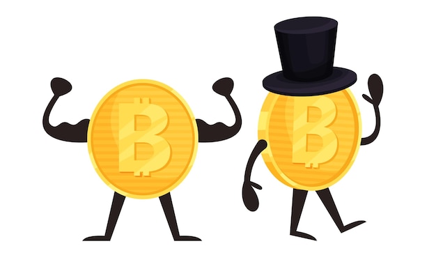 Golden bitcoin humanized character showing muscles and waving hand vector set