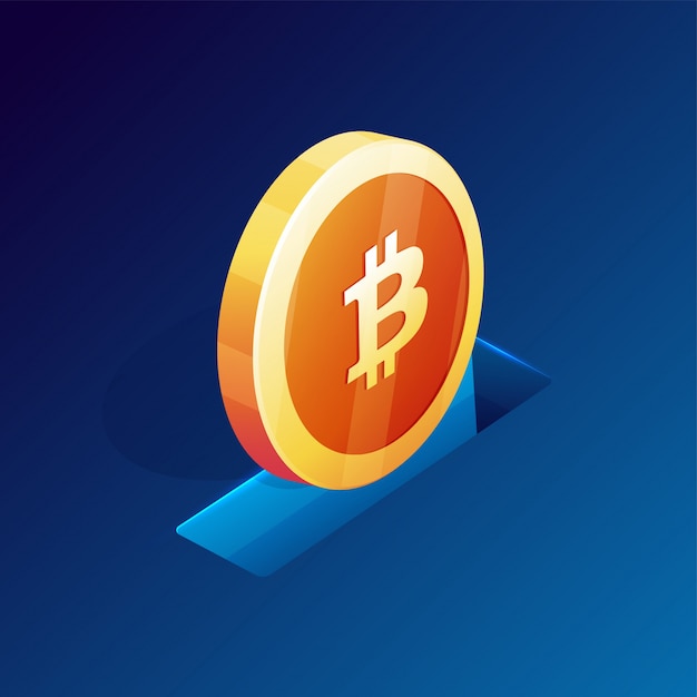 Golden bitcoin on blue background. Cryptocurrency concept.