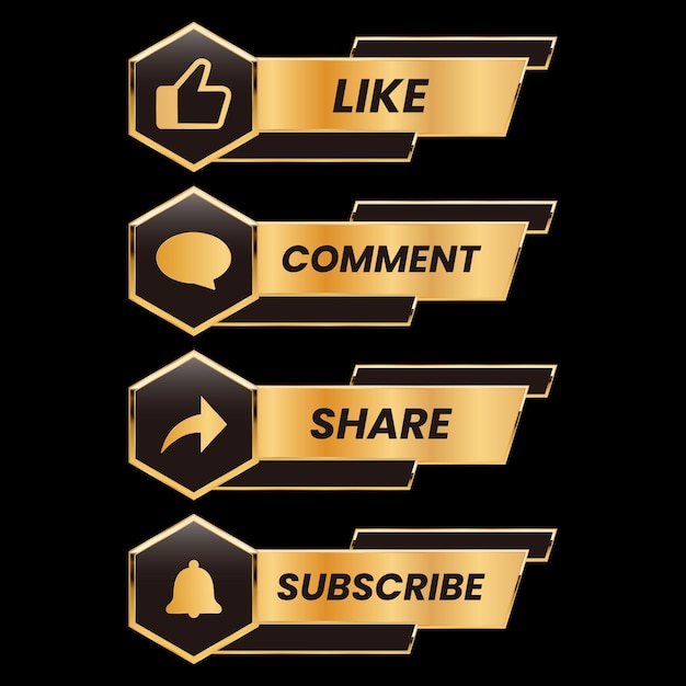 golden color like, comment, share and subscribe button vector
