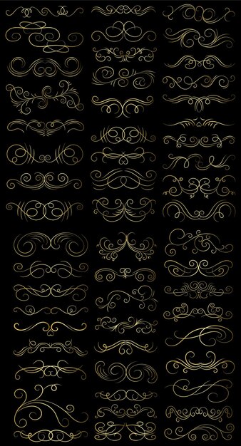 golden color page divider and design elements set of various simple black divider design