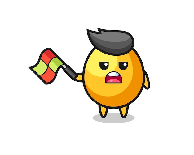 Golden egg cartoon as the line judge hold the flag up at a 45 degree angle