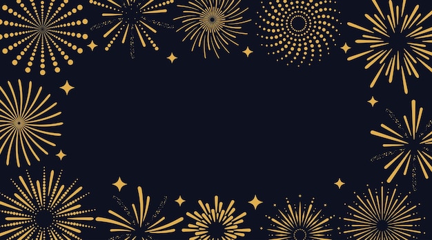 Golden fireworks and stars on dark background Festive banner for New Year Birthday festival win Vector illustration