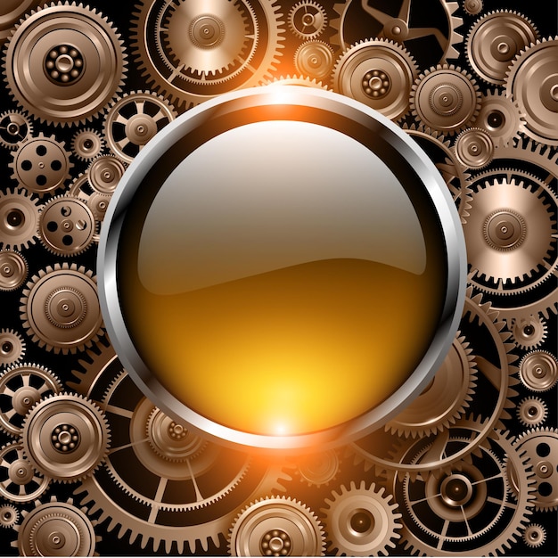 Golden glossy button on gears background