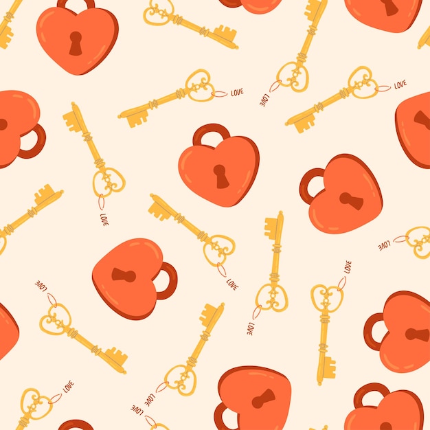 golden key and Red heart shape lock with keyhole symbol of love seamless pattern Valentines day