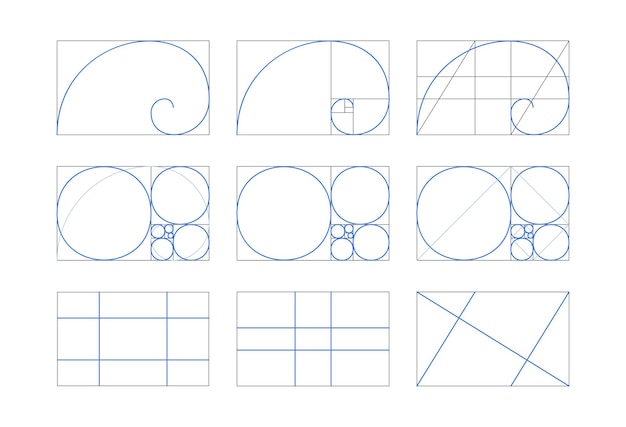Golden ratio set Proportions template composition balance in geometry and spiral lines Fibonacci sequence