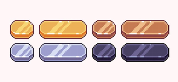 golden, silver and bronze buttons pixel art set. metal interface bar collection. shining steel panel