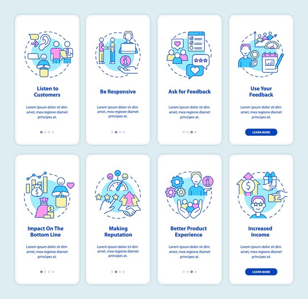 Good customer support onboarding mobile app screen set