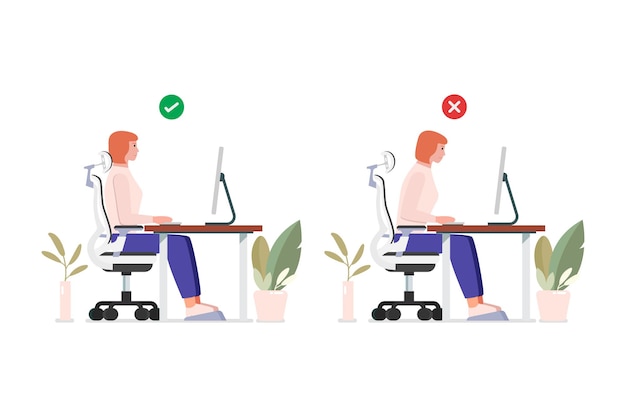 Good position vs bad incorrect posture for sitting at computer desk